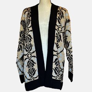 Bedford Fair Vintage Tan‎ And Black Knit  Open Front Long Sleeve Cardigan Size L